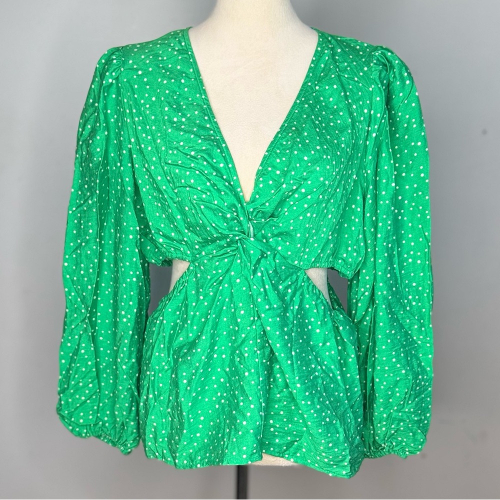 NWOT A New Day Green Polka Dot Long Sleeve V Neck Twist Front Top Size L